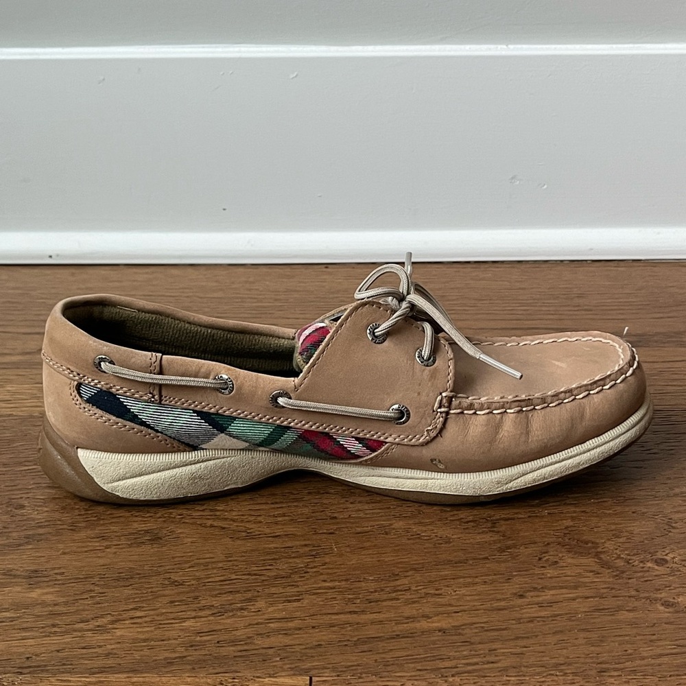 Sperry Top Sider Size 9.5 Khaki Leather Plaid Preppy Bluefish Oxford Boat Shoes - Picture 8 of 13